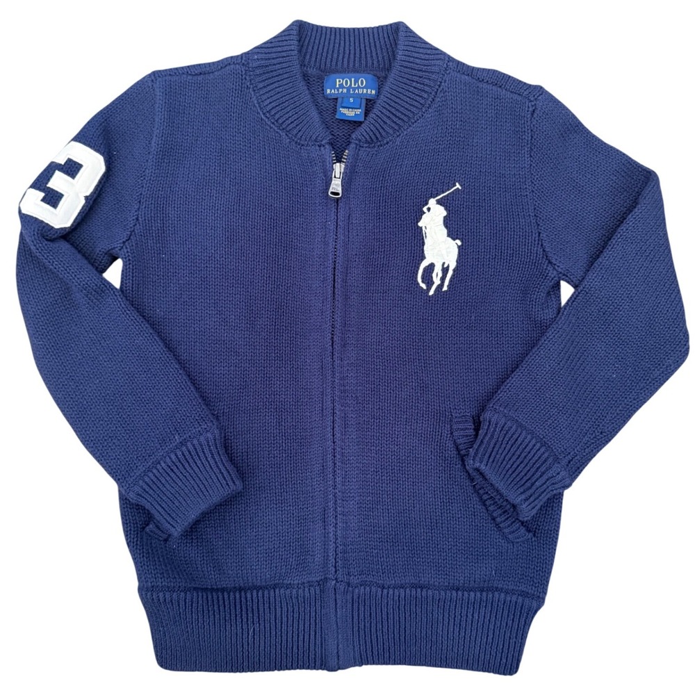 Polo Ralph Lauren Kids Blue Full Zip Cotton Knit Big Pony Sweater Size 5